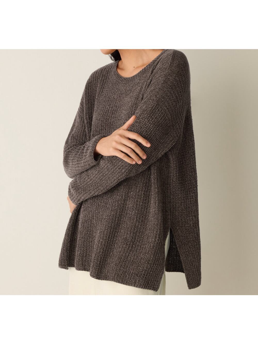 Eileen Fisher Chenille Blend Jewel Neck Sweater Womens S Brown Organic Pullover